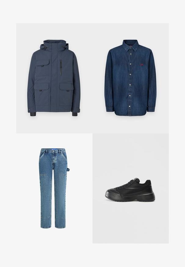 Tumesinist veekindlat jope kapuutsi, nelja eesmise tasku, tõmbluku ja soonikuga mansettidega; siledast kangast ja struktureeritud disainiga.; Denim särk on tume sinine, nupuga eest kinni, terava kraega, pika varrukaga ja rinnal on väike punane logo.; Sinine denimist teksad sirge sääre disainiga, kontrastsete paeltega, kahe esikotiga ning nähtava silmuse detailiga külgedel.; Mustad tossud sileda nahka viimistlusega, ümar varvas, tekstuuriga tallad ja pitsiga sulgemine. Minimalistlik stiil, millel on peened külgedetailid.