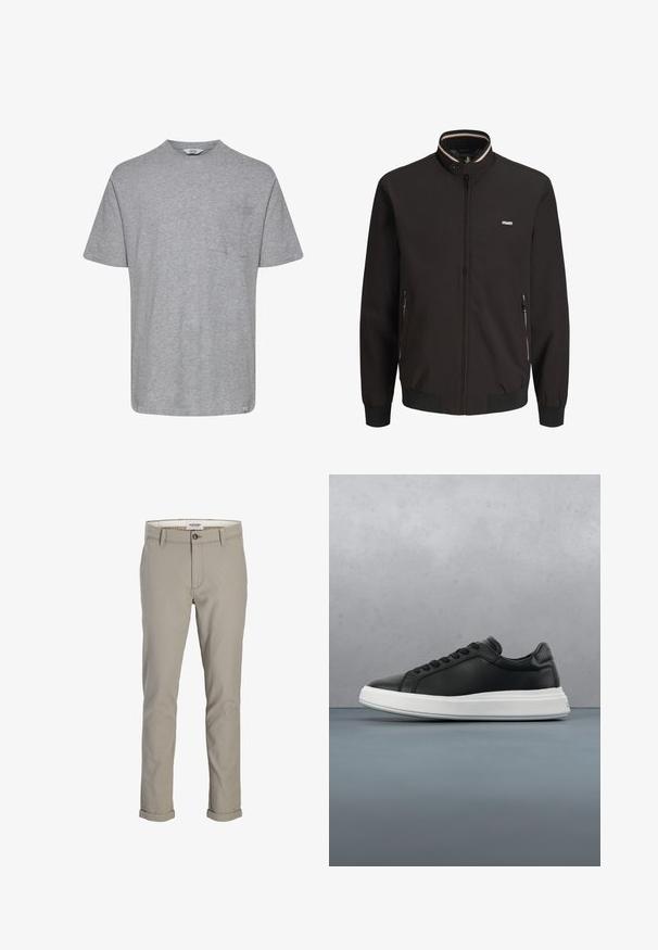 Veste noire zippée avec col montant et bordure rayée, deux poches latérales zippées, poignets et ourlet élastiques, et un petit logo sur la poitrine.; T-shirt gris à manches courtes en tissu doux. Présente un col rond et une poche sur la poitrine gauche, avec un ourlet droit. Design minimaliste.; Pantalon beige slim fit pour homme avec passants de ceinture, fermeture à boutons et ourlets retroussés, présenté de face sur fond blanc.; Baskets en cuir noir avec une finition lisse, semelle en caoutchouc blanc, forme arrondie, six œillets pour les lacets et une marque discrète sur le talon.