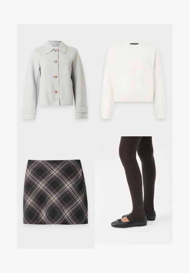 Veste gris en mélange de laine avec col pointu, quatre boutons et manches longues avec détails aux poignets. Design simple et structuré.; Pull blanc cropped en tissu doux avec un col rond, présentant des coutures d'épaule tombantes et un détail de couture verticale sur le devant.; Jupe mini à carreaux noir et beige avec un motif à checks diagonal, taille ajustée et texture de tissu lisse.; Jambes portant des leggings côtelés foncés associés à des ballerines noires avec de petits détails en nœud sur fond blanc.