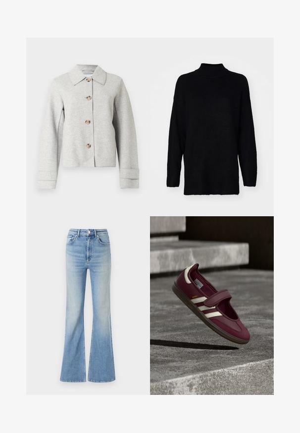 Grå uldbæltet jakke med spids krave, fire knapper og lange ærmer med manchet detaljer. Enkel, struktureret design.; Vero Moda Knitted VMPHILLIS Knitted - Striktrøje - black; Lyseblå flared jeans lavet af denim, med høj talje, fem-lommekonstruktion og en subtil gradientafblegning mod kanten.; Vinrød sportssko med en rem, hvide sidelister, tekstureret gummisål og et glat øverste materiale. Justerbar pasform med polstret inderside.