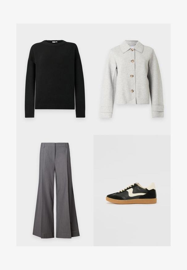 Grå uldbæltet jakke med spids krave, fire knapper og lange ærmer med manchet detaljer. Enkel, struktureret design.; Sorte langærmede crewneck trøje med ribbede manchetter og kant, vist på en ensfarvet lys grå baggrund.; Grå vide benbukser lavet af et struktureret stof med høj talje og forfald. Kantafslutningerne er rene uden yderligere detaljer.; Sorte ruskinds- og lædersneakers med en cremefarvet side-swoosh og lys cremefarvet hæl. Har beige snørebånd og en gummirubber-sål.