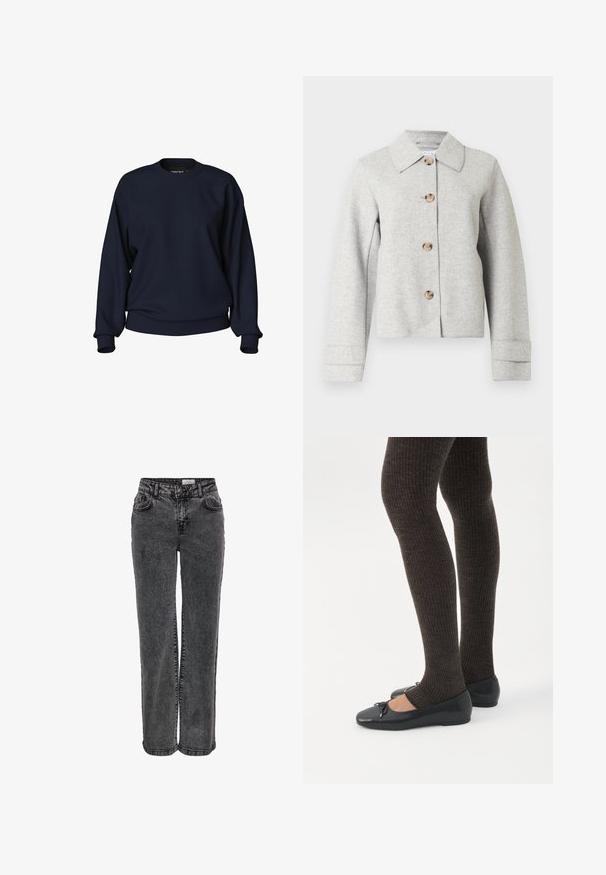 Grå uldbæltet jakke med spids krave, fire knapper og lange ærmer med manchet detaljer. Enkel, struktureret design.; Mørkeblå sweatshirt med rund hals, lange ærmer, ribbede manchetter og bånd i livet. Glat tekstur uden synlige mønstre eller hardware.; Sorte denimjeans med lige ben, der har forlommer, bæltestropper og en subtil, falmet tekstur.; Ben iført mørke ribbede leggings kombineret med sorte balletsko med små sløjfedetaljer på hvid baggrund.