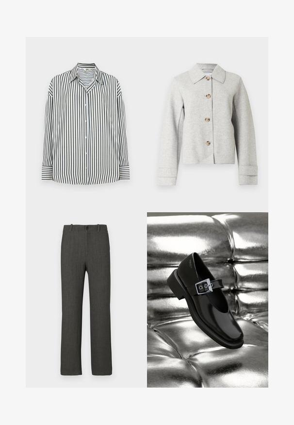 Veste gris en mélange de laine avec col pointu, quatre boutons et manches longues avec détails aux poignets. Design simple et structuré.; Chemise boutonnée à rayures verticales vertes et blanches, avec un col classique, des manches longues et un ourlet droit.; Pantalon gris à texture lisse, coupe droite, avec un motif à carreaux discret. Il présente une fermeture à bouton et des passants pour ceinture.; Chaussure Mary Jane en cuir noir avec un bout carré, un accent de boucle en argent et un talon bas épais, sur un fond argenté brillant.