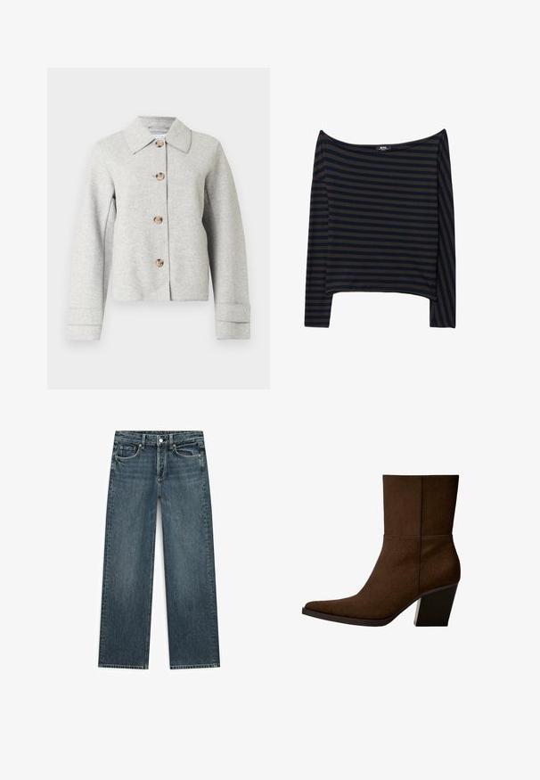 Grå uldbæltet jakke med spids krave, fire knapper og lange ærmer med manchet detaljer. Enkel, struktureret design.; Sort og mørkegrøn stribet off-shoulder langærmet top med en afslappet pasform og blødt, elastisk stof.; Blå straight-leg denimjeans med forlommer, bæltestropper samt knap- og lynlåslukning.; Brun ruskinds ankelstøvle med spids tå og kraftig hæl, der har et minimalistisk design og en glat tekstur mod en hvid baggrund.
