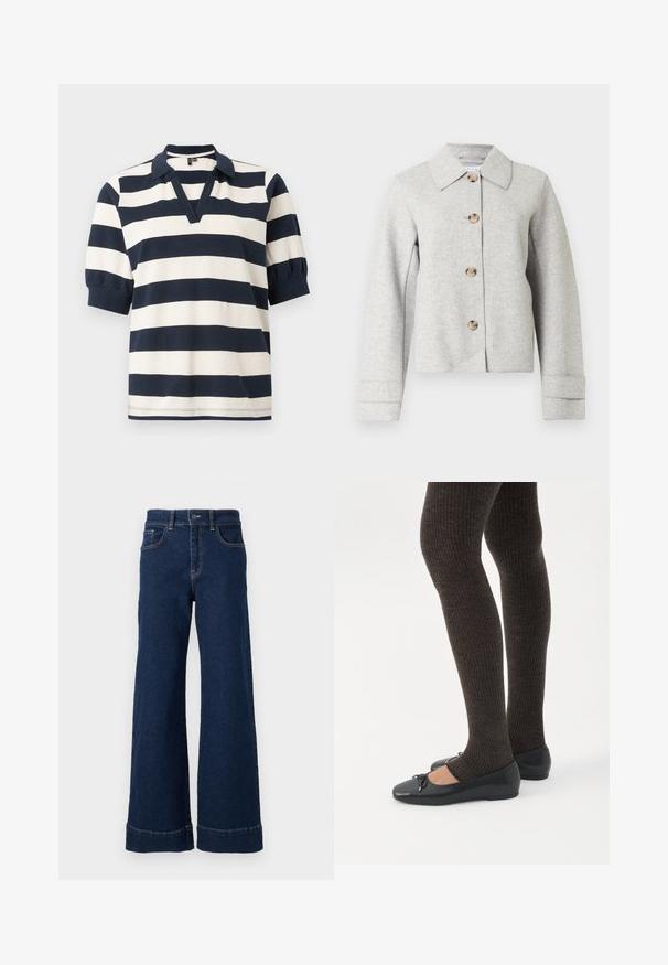 Veste gris en mélange de laine avec col pointu, quatre boutons et manches longues avec détails aux poignets. Design simple et structuré.; Polo en coton à rayures avec des rayures horizontalement blanches et marines, manches courtes bouffantes, décolleté en V et col à côtes.; Jean en denim bleu foncé à coupe large. Présente un design classique à cinq poches, une fermeture à bouton et des détails de ourlet replié.; Jambes portant des leggings côtelés foncés associés à des ballerines noires avec de petits détails en nœud sur fond blanc.