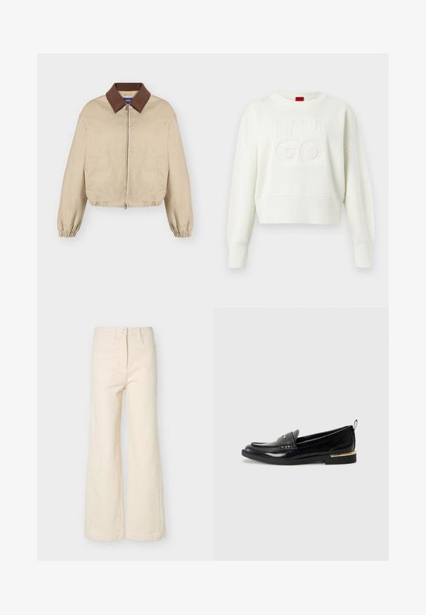 Beige Reißverschlussjacke mit braunem Kragen, langen elastischen Bündchen, Seitentaschen und leicht gerafftem Saum, auf einfachem Hintergrund dargestellt.; Weißer, gestrickter Pullover mit langen Ärmeln, gerippten Bündchen und Saum, versehen mit erhabenem "HUGO"-Text auf der Vorderseite und einem roten Etikett am Halsausschnitt.; Hoch taillierte, cremefarbene Hose mit weitem Bein, vorderer Knopfleiste, Reißverschluss, Gürtelschlaufen und dezent strukturierter Stoffoptik.; Schwarze Lacklederloafers mit abgerundetem Zehenbereich, einem dekorativen Riemen und einem goldenen Akzent an der Ferse. Glatte Textur mit genähten Details.
