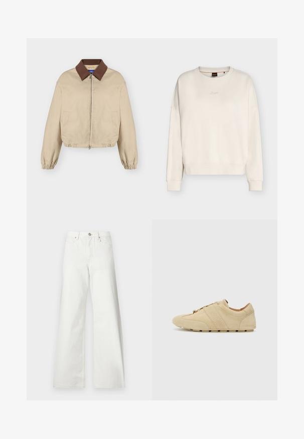 Veste beige à fermeture éclair avec col marron, manches longues élastiques, poches latérales et ourlet légèrement froncé, présentée sur fond uni.; Sweat-shirt écru à col rond, manches longues, poignets et ourlet côtelés, petit logo brodé au centre de la poitrine.; Jean blanc taille haute à jambes larges, fermeture à boutons devant, passants de ceinture et poches avant sur fond uni.; Baskets en suède tan au design minimaliste, bout rond et semelle en caoutchouc. Présente deux bandes verticales et un laçage. Texture lisse.