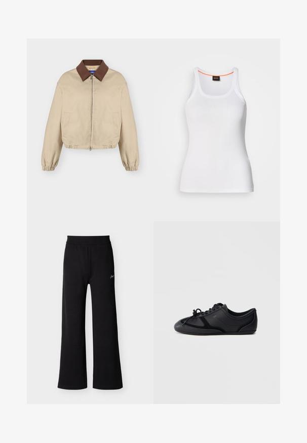Veste beige à fermeture éclair avec col marron, manches longues élastiques, poches latérales et ourlet légèrement froncé, présentée sur fond uni.; Débardeur blanc côtelé avec un col rond, présentant un design à bretelles étroites et un accent orange le long de l'intérieur du col. Logo de la marque affiché.; Pantalon noir à jambes larges avec taille élastique et petit détail signature blanc sur la cuisse gauche supérieure, présenté sur un fond uni.; Baskets basses noires à lacets avec une finition lisse et brillante, coutures minimales et semelle plate sur un fond uni.