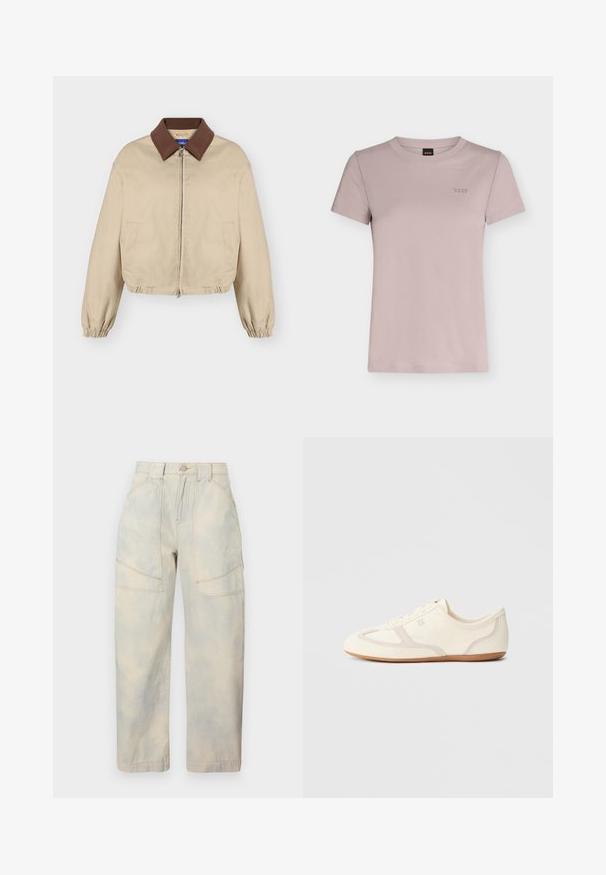 Veste beige à fermeture éclair avec col marron, manches longues élastiques, poches latérales et ourlet légèrement froncé, présentée sur fond uni.; T-shirt en coton mauve clair à manches courtes et col rond avec un petit logo brodé "BOSS" sur la poitrine gauche.; Pantalon droit beige à rayures taille haute avec poches plaquées à l'avant et détails de couture orange.; Baskets couleur crème avec une tige en daim et tissu, un bout arrondi, et une semelle en caoutchouc avec un détail accent beige. Fermeture à lacets.