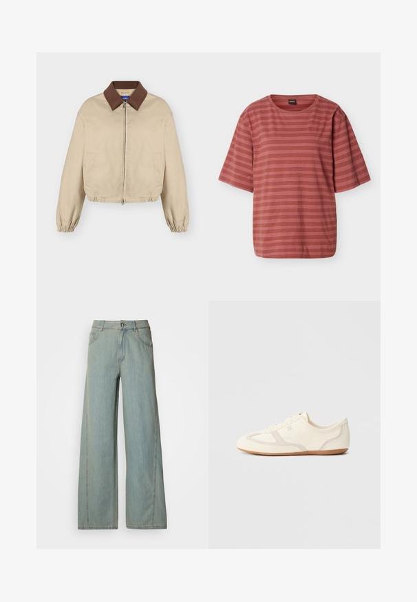 Beige lynlåslukket jakke med brun krave, lange elastiske manchetter, sidelommer og let opsamlet kant, vist på ensfarvet baggrund.; Rustfarvet kortærmet t-shirt med tynde horisontale hvide striber og et lille broderet logo på venstre bryst.; Lyseblå bredbuks jeans lavet af denim, med knap- og lynlås-lukning, fem lommer og kontrasterende syninger.; Sneakers i cremefarve med overdel i ruskind og stof, rundet tå og gummisål med beige detaljer. Snørelukning.
