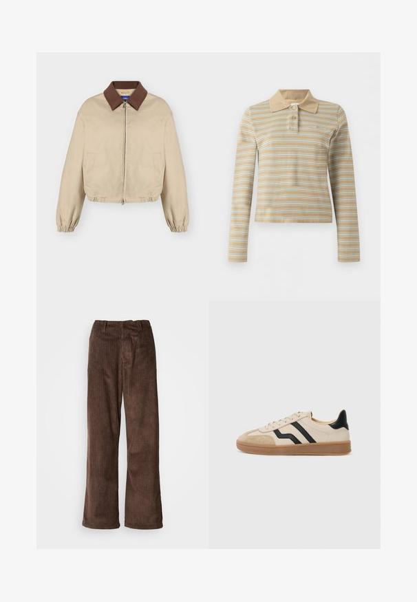 Beige lynlåslukket jakke med brun krave, lange elastiske manchetter, sidelommer og let opsamlet kant, vist på ensfarvet baggrund.; Beige langærmet polotrøje med hvide vandrette striber og to knapper på kraven.; Brune fløjl bukser med en bred benudskæring, der har lodrette ribber og en talje. Stoffet har et blødt, tekstureret udseende.; Beige sneaker med sorte striber, ruskindspidser og hæle, struktureret gummisål og flade snørebånd. Minimalistisk design og neutrale farver.