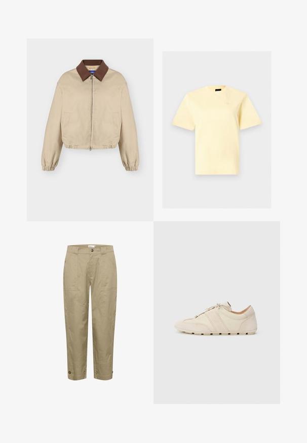 Beige lynlåslukket jakke med brun krave, lange elastiske manchetter, sidelommer og let opsamlet kant, vist på ensfarvet baggrund.; Lysegul kortærmet T-shirt med rund hals og et lille broderet logo på venstre bryst, vist på en lysegrå baggrund.; Beige, lette bukser med lige pasform, der har sidelommer og knapdetaljer i kanten for justerbar pasform og stil.; Sneakers med overdel i cremefarvet læder og ruskind, der har to vandrette beige striber og en gummisål, rundet tå-design, snørelukning.