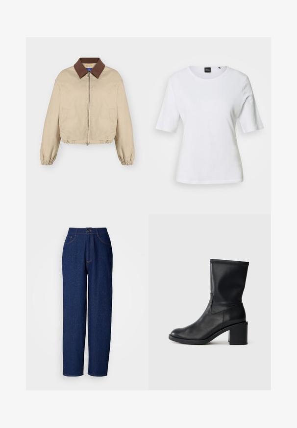 Beige jas met rits, bruine kraag, lange elastische manchetten, zakken aan de zijkant en licht geplooide zoom, weergegeven op een effen achtergrond.; Witte T-shirt met korte mouwen en ronde hals, met een getailleerde pasvorm en een klein zwart BOSS-label bij de halslijn.; Donkerblauwe denim wijd uitlopende broek met een hoge taille, voorzien van oranje stiksels, voorkzakken en een knoopsluiting. Zorgt voor een gladde textuur met subtiele stippen.; Zwarte leren enkellaars met een ronde neus, een gladde textuur en een chunky hak, met een strak schacht en subtiele stiksels.