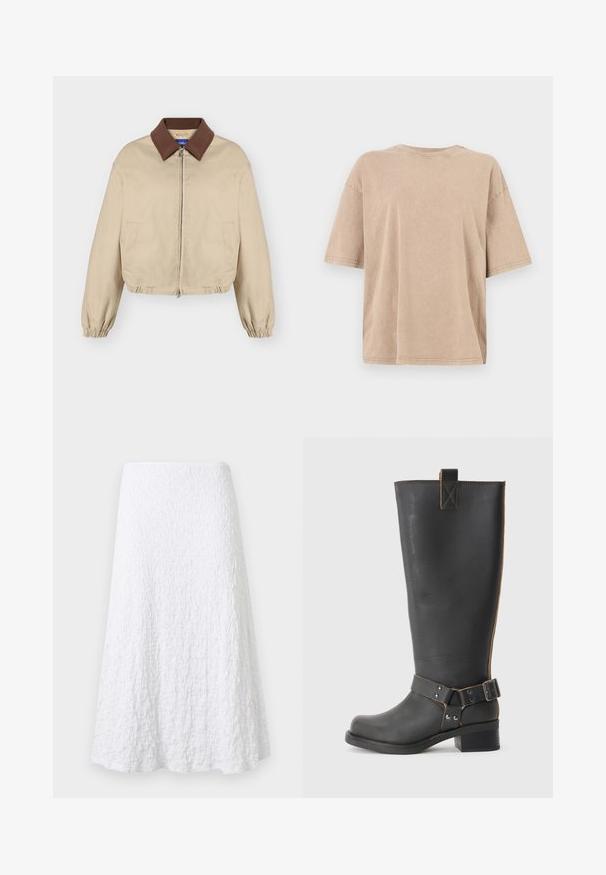 Beige jas met rits, bruine kraag, lange elastische manchetten, zakken aan de zijkant en licht geplooide zoom, weergegeven op een effen achtergrond.; Beige oversized katoenen T-shirt met korte mouwen, ronde hals en subtiele textuur. Rechte zoom zonder zichtbare patronen of accenten.; Witte A-lijn midi-rok met textuur, subtiele geplooide stof en uitlopende zoom.; Zwarte leren knie- hoog laars met een gestructureerde afwerking, voorzien van een zijgesp accent en een lage hak. Gedetailleerde stiksels langs de naden.