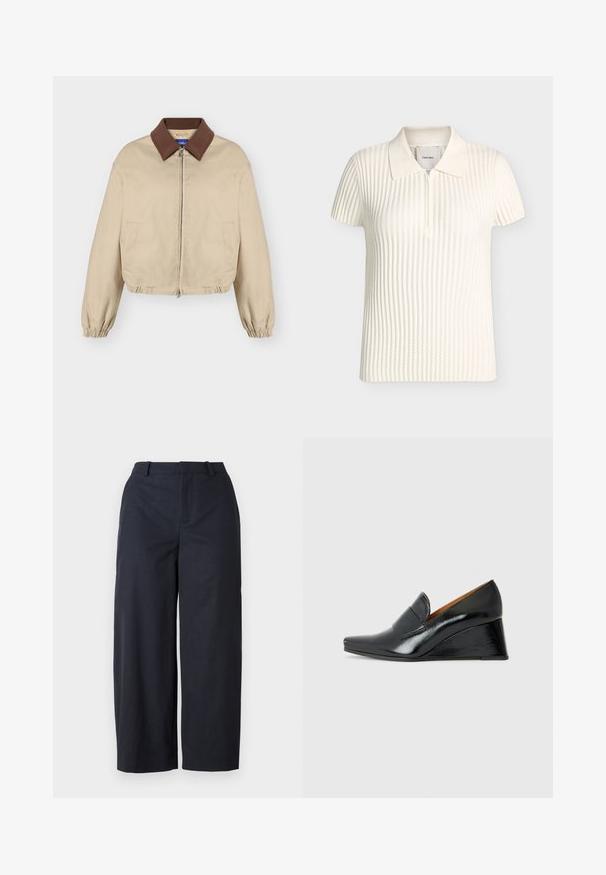 Veste beige à fermeture éclair avec col marron, manches longues élastiques, poches latérales et ourlet légèrement froncé, présentée sur fond uni.; Polo blanc à manches courtes en maille côtelée avec une fermeture éclair à l'avant et un col doux, présenté sur un fond neutre.; Pantalons larges navy avec une texture lisse, un devant plat et une taille. Fabriqués en tissu léger, offrant une coupe décontractée.; Chie Mihara VECINO - Escarpins compensés - black