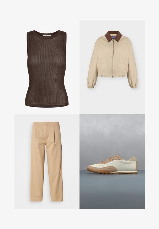 Veste beige à fermeture éclair avec col marron, manches longues élastiques, poches latérales et ourlet légèrement froncé, présentée sur fond uni.; Haut en maille marron sans manches avec encolure ronde et fine texture côtelée, étiquette de marque "GESTUZ" cousue à l'intérieur du col.; Pantalons en coton beige à coupe décontractée, avec deux plis à l'avant, une jambe droite et une fermeture à bouton classique à la taille.; Baskets crème et beige avec une tige texturée, des lacets et une semelle en caoutchouc, présentées au-dessus d'une surface en bois avec des cailloux.