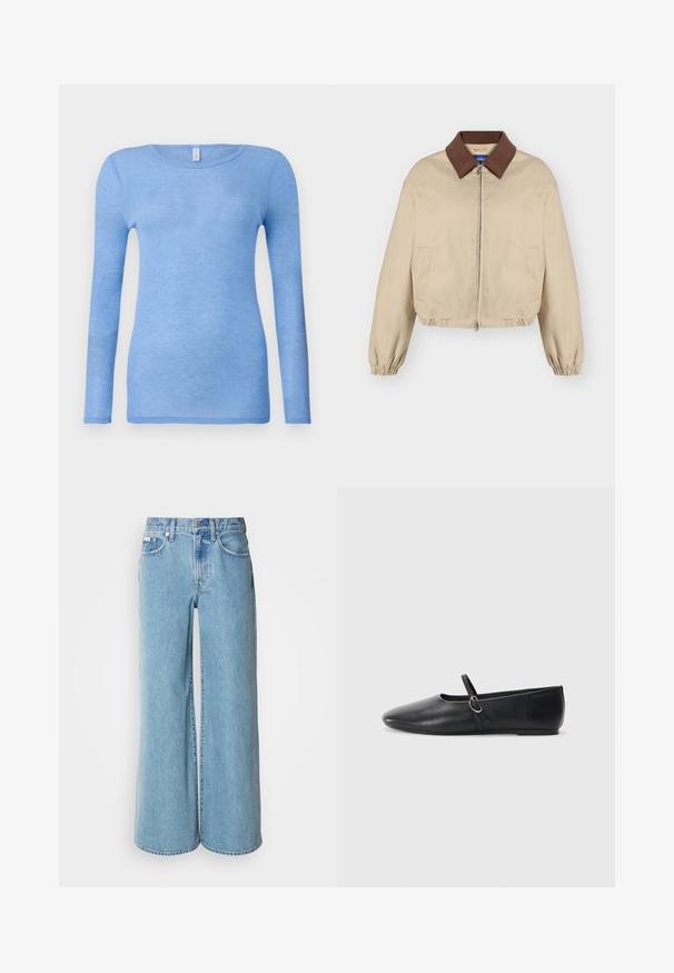 Chaqueta beige con cremallera, cuello marrón, puños largos elásticos, bolsillos laterales y dobladillo ligeramente fruncido, mostrada sobre un fondo liso.; Camiseta de manga larga azul claro en una tela suave y ligera. Presenta un cuello redondo y un diseño ajustado. Sin patrones o acentos visibles.; Jeans de mezclilla de corte ancho en un tono azul claro, con cintura alta, diseño de cinco bolsillos y un ligero desgastado en la tela.; Bailarinas de cuero negro con punta afilada, suela plana y una pequeña correa con detalle de hebilla plateada.