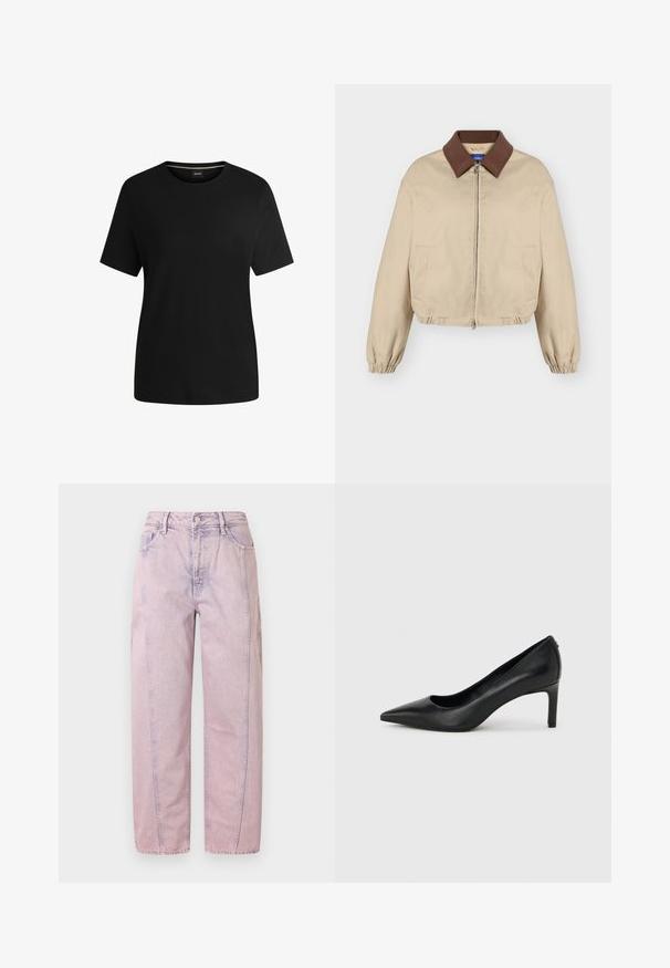 Chaqueta beige con cremallera, cuello marrón, puños largos elásticos, bolsillos laterales y dobladillo ligeramente fruncido, mostrada sobre un fondo liso.; Camiseta negra de manga corta hecha de suave algodón, con cuello redondo y una textura lisa. Diseño simple sin patrones ni acentos.; Vaqueros de mezclilla lavanda de tiro alto y pernera recta, con bolsillos delanteros y traseros, trabillas para cinturón y cierre de botón.; Zapato de salón negro de piel con punta afilada y tacón delgado de altura media sobre un fondo liso de color gris claro.