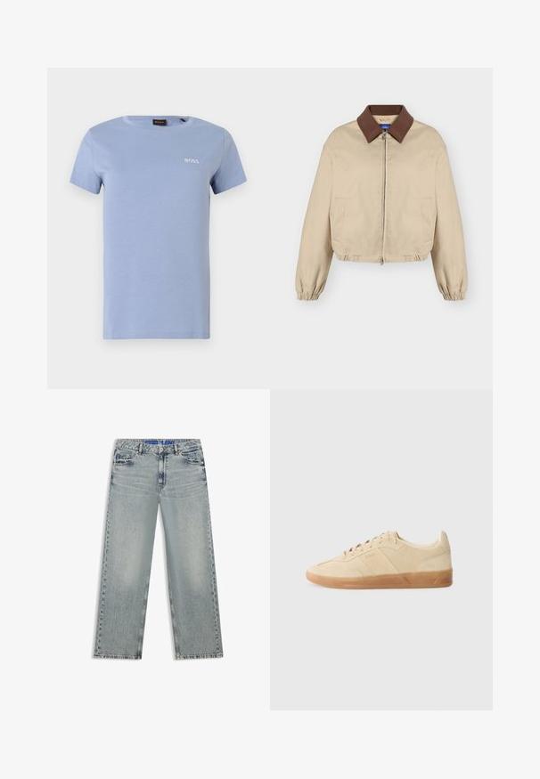 Veste beige à fermeture éclair avec col marron, manches longues élastiques, poches latérales et ourlet légèrement froncé, présentée sur fond uni.; T-shirt en coton bleu clair à manches courtes, col rond, avec le logo BOSS brodé en blanc sur le côté gauche de la poitrine. Texture douce, coupe décontractée.; Jean large bleu clair en denim, avec des zones délavées, cinq poches et une ceinture bleue à logo.; Baskets en suédine beige avec un bout rond, fermeture à lacets ton sur ton et semelle en gomme, présentant un marquage sur les côtés et une texture lisse.