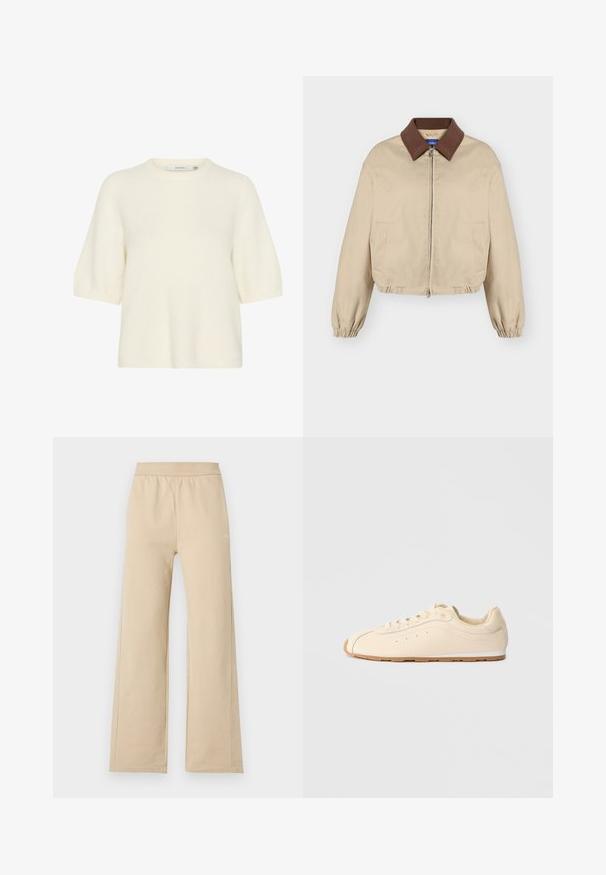 Beige jas met rits, bruine kraag, lange elastische manchetten, zakken aan de zijkant en licht geplooide zoom, weergegeven op een effen achtergrond.; Korte mouwen, ronde hals trui gemaakt van zacht, pluizig materiaal in off-white. Beschikt over een relaxte pasvorm met geribde manchetten en boord.; Beige wijde broek met elastische tailleband en minimale stiksel details, weergegeven tegen een effen lichte achtergrond.; Beige sneakers van glad leer met een ronde neus, platte gumzool en een minimalistisch ontwerp met subtiele stiksels en perforaties.