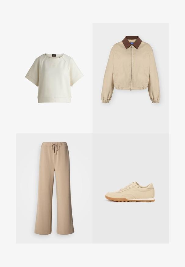 Beige Reißverschlussjacke mit braunem Kragen, langen elastischen Bündchen, Seitentaschen und leicht gerafftem Saum, auf einfachem Hintergrund dargestellt.; Helle beige Kurzarm-Sweatshirt mit Rundhalsausschnitt und besticktem Logo auf der Vorderseite. Glatter Stoff mit einem leicht lockeren Schnitt.; Beige Hosen mit weitem Bein, elastischem Bund und Kordelzug. Hergestellt aus weichem Stoff mit glatter Textur, versehen mit einem abgesteppten Saum.; Beige Leder-Sneaker mit niedrigem Profil, strukturierten Oberflächen und einer Gummisohle mit Zickzackmuster für besseren Halt.