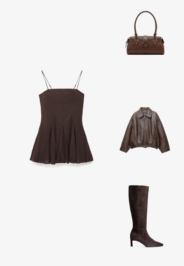 Braune, kurz geschnittene Jacke aus Kunstleder mit weitem Kragen, vorderem Reißverschluss, Seitentaschen und einem Taillengürtel. Glatte Textur, entspannte Passform.; Braun ärmelloses Kleid mit engem Oberteil und Faltenrock in A-Linie. Verfügt über dünne verstellbare Träger und eine glatte Stoffstruktur.; Braune Wildlederkniehohe Stiefel mit spitzer Zehe und 7,5 cm hohem Absatz. Glatte Textur, elegante Silhouette und minimalistisches Design.; Braune Lederhandtasche mit zwei Griffen, einem zentralen Schnallenriemen und goldfarbenen Beschlägen, vor weißem Hintergrund abgebildet.