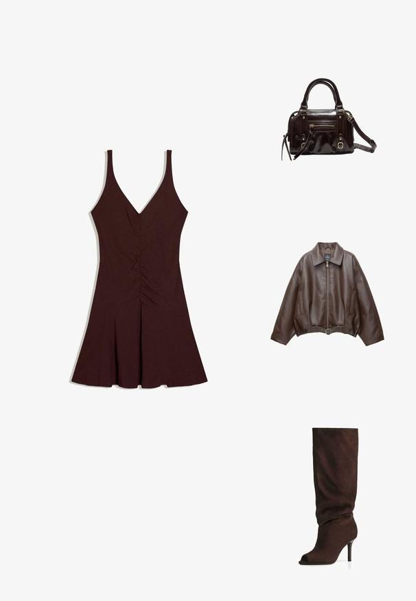 Veste courte en similicuir marron avec un large col, une fermeture éclair frontale, des poches latérales et une taille ceinturée. Texture lisse, coupe décontractée.; Robe marron foncé sans manches avec décolleté en V, corsage ajusté avec fronces centrales, et jupe évasée.; Botte marron foncé en suede, haute jusqu'au genou, avec un tige ample, un bout ouvert et un talon haut fin, photographiée sur fond blanc.; Sac à main en cuir verni marron avec double poignées, bandoulière amovible, poche zippée à l'avant et accents en métal doré.