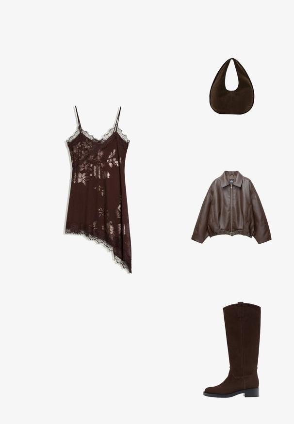 Veste courte en similicuir marron avec un large col, une fermeture éclair frontale, des poches latérales et une taille ceinturée. Texture lisse, coupe décontractée.; Robe nuisette en soie brun foncé avec imprimé floral métallique, bordure en dentelle, fines bretelles et ourlet asymétrique sur fond blanc.; Botte haute en daim marron foncé avec un petit talon empilé et un bout arrondi, équipée d'une lanière au sommet de la tige.; Sac à main en daim marron foncé en forme de croissant avec une seule sangle large et une texture lisse sur fond blanc.