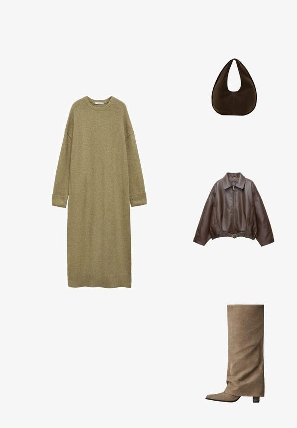 Braune, kurz geschnittene Jacke aus Kunstleder mit weitem Kragen, vorderem Reißverschluss, Seitentaschen und einem Taillengürtel. Glatte Textur, entspannte Passform.; Strickkleid in Olivgrün, knielang, mit lockerer Passform, rundem Ausschnitt und langen Ärmeln. Verfügt über gerippte Bündchen und Saum. Weiche Textur.; Hoher, beiger Wildlederstiefel mit spitz zulaufender Spitze, klarer Form und Blockabsatz. Er zeichnet sich durch eine glatte Textur und ein minimalistisches Design aus.; Dunkelbraune Wildleder-Handtasche in Halbmondform mit einem breiten Riemen und glatter Textur vor weißem Hintergrund.