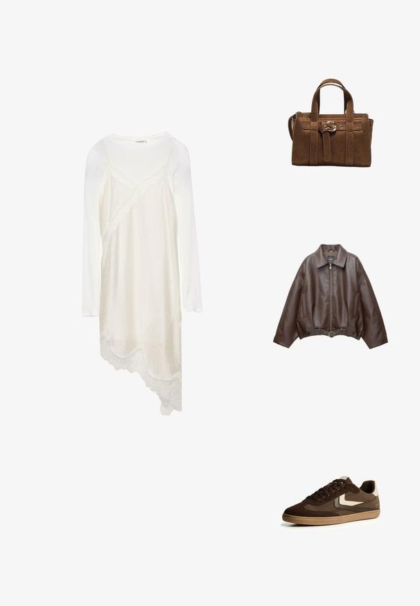 Veste courte en similicuir marron avec un large col, une fermeture éclair frontale, des poches latérales et une taille ceinturée. Texture lisse, coupe décontractée.; Haut blanc à manches longues superposé avec une robe nuisette crème asymétrique ornée d'un bord en dentelle à l'ourlet.; Baskets basses en suédine et tissu marron avec des accents beiges, semelle en caoutchouc, fermeture à lacets et design minimaliste sur fond blanc.; Sac à main en daim marron avec deux poignées courtes, des sangles verticales et une boucle dorée décorative au centre devant.