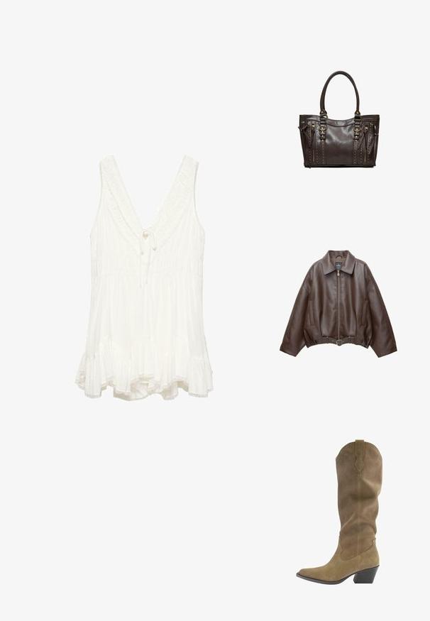 Veste courte en similicuir marron avec un large col, une fermeture éclair frontale, des poches latérales et une taille ceinturée. Texture lisse, coupe décontractée.; Blouse blanche sans manches avec un profond col en V, bordure à volants, taille froncée, détail noué au niveau du col et ourlet évasé avec des bords en dentelle.; Botte de cowboy en daim marron haute avec bout pointu, talon empilé de hauteur moyenne et languette de tirage en haut, vue de côté.; Sac à main en cuir marron foncé avec deux poignées, poches zippées verticales et clous dorés décoratifs sur un fond uni.