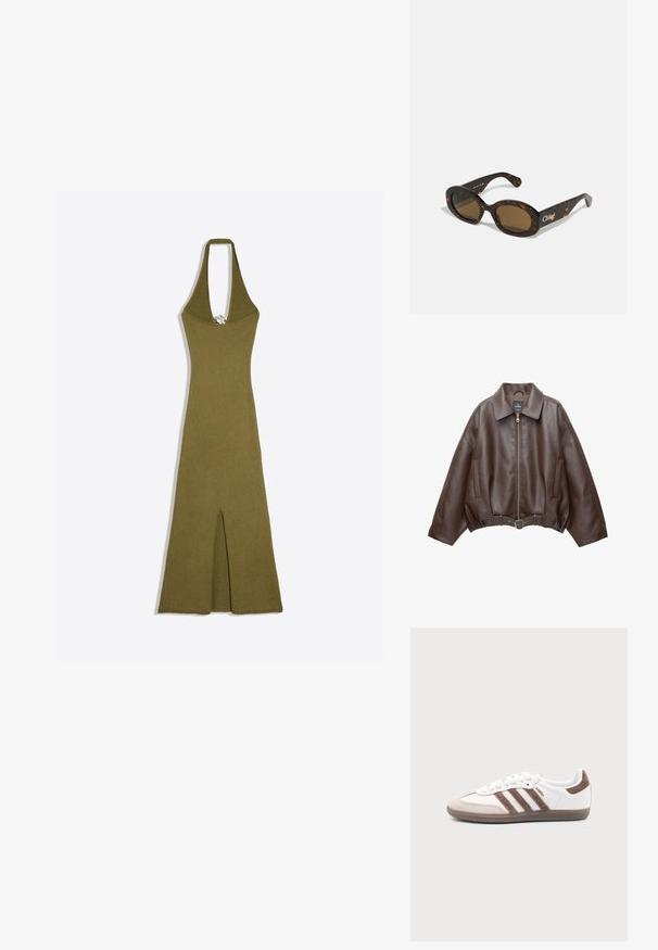 Veste courte en similicuir marron avec un large col, une fermeture éclair frontale, des poches latérales et une taille ceinturée. Texture lisse, coupe décontractée.; Robe dos nu vert olive avec un profond décolleté en V et une fente sur le devant, ornée d'un anneau argenté décoratif au niveau du décolleté.; Baskets Adidas Samba blanches avec des bandes en daim marron, semelle en caoutchouc marron et bout en daim beige, vues du côté extérieur sur un fond uni.; Lunettes de soleil en écaille de tortue avec des montures ovales, des verres teintés bruns et le logo "Chloé" sur la branche. Matériau en plastique lisse avec finition brillante.