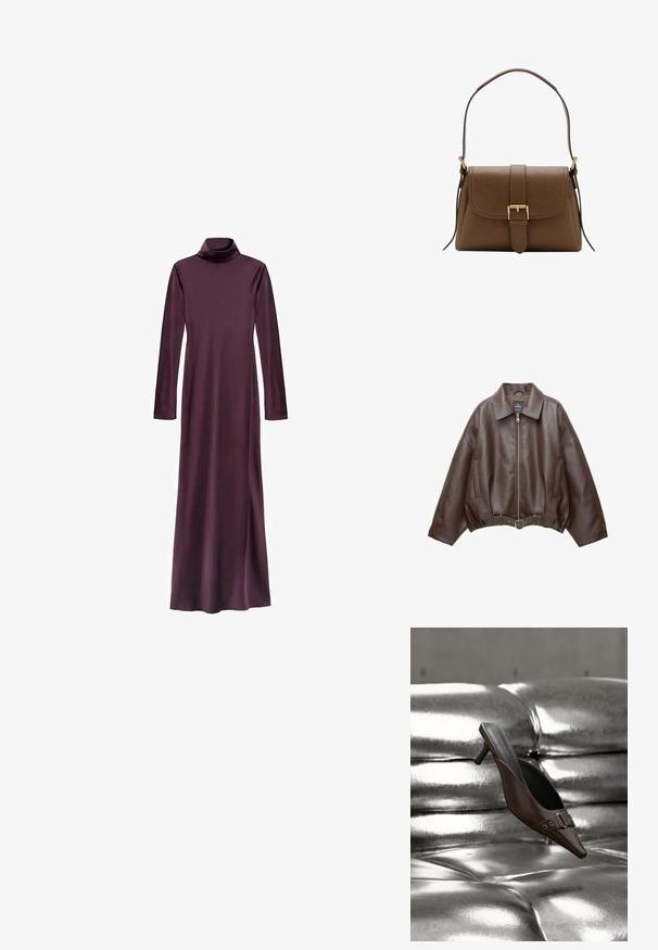 Bruine jack van imitatieleer, kort model, met een brede kraag, ritssluiting aan de voorkant, zijzakken en een tailleband met ceintuur. Gladde textuur, ontspannen pasvorm.; Langshemd, turtleneck jurk in diep bordeauxrood, gemaakt van een gladde stof. Heeft een rechte silhouet en reikt tot halverwege het onderbeen. Geen zichtbare patronen.; Bruine mule met hoge hak en puntige neus, voorzien van gespsdetail, zwevend boven een glanzend zilveren, getufte leren oppervlak.; Bruine leren schoudertas met voorflap en gouden gesp, met verstelbare riem met gouden hardware op een witte achtergrond.