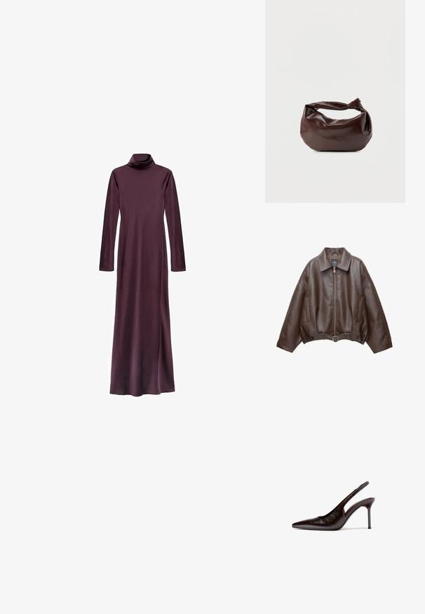Bruine jack van imitatieleer, kort model, met een brede kraag, ritssluiting aan de voorkant, zijzakken en een tailleband met ceintuur. Gladde textuur, ontspannen pasvorm.; Langshemd, turtleneck jurk in diep bordeauxrood, gemaakt van een gladde stof. Heeft een rechte silhouet en reikt tot halverwege het onderbeen. Geen zichtbare patronen.; Donkerbruine leren slingback damesschoen met hoge hak, puntige neus en slanke stilettohak op witte achtergrond.; Donkerbruine leren schoudertas met een zachte, slungelige vorm en een gedraaide knoopvormige handgreep op een effen witte achtergrond.