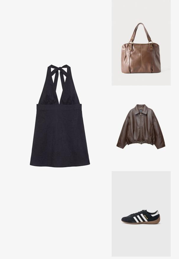 Veste courte en similicuir marron avec un large col, une fermeture éclair frontale, des poches latérales et une taille ceinturée. Texture lisse, coupe décontractée.; Robe noire sans manches avec col halter en V profond et nouée dans le dos, longueur genou et ajustée à la taille.; Baskets en daim noir avec trois bandes blanches, semelle en caoutchouc beige, et un petit logo doré sur le côté. Dotées d'une doublure intérieure noire lisse.; Sac à main en cuir marron avec deux bandoulières attachées par des anneaux et rivets dorés, présenté sur un fond clair uni.