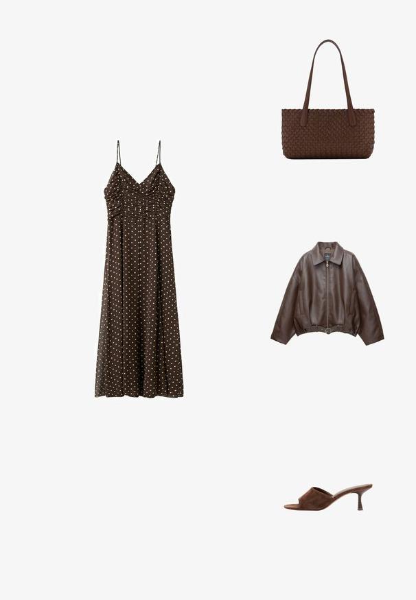 Veste courte en similicuir marron avec un large col, une fermeture éclair frontale, des poches latérales et une taille ceinturée. Texture lisse, coupe décontractée.; Robe midi marron à pois blancs, corsage froncé et fines bretelles spaghetti.; Mule en daim marron à bout ouvert, talon en bois incurvé de hauteur moyenne et design à enfiler sur fond blanc.; Sac à main en cuir marron avec un motif tissé, avec deux longues anses fines pour un port à l'épaule.