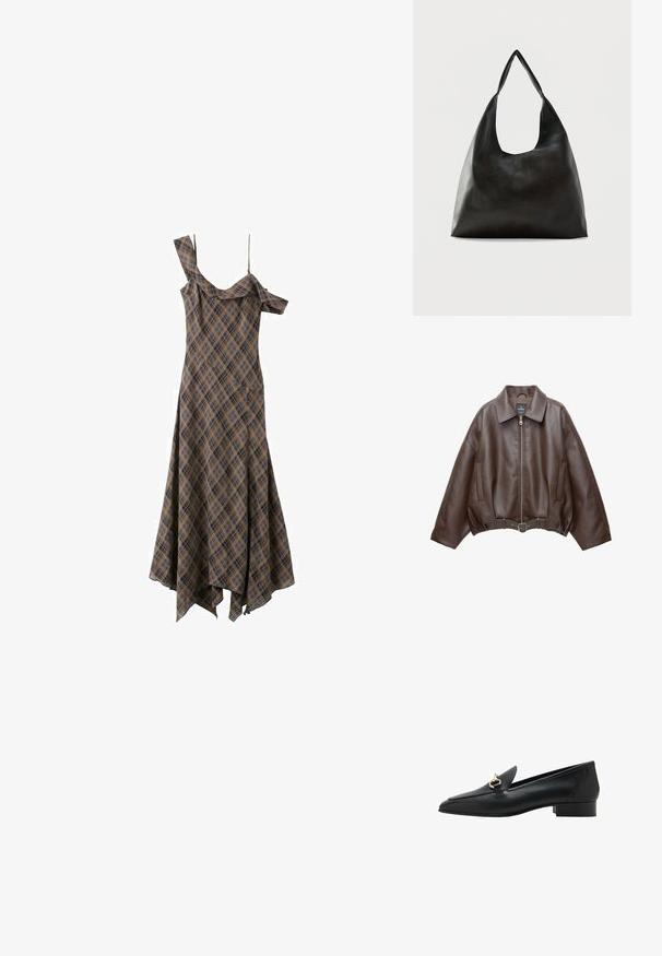 Veste courte en similicuir marron avec un large col, une fermeture éclair frontale, des poches latérales et une taille ceinturée. Texture lisse, coupe décontractée.; Robe asymétrique à carreaux marron et noir avec une manche tombante et une bretelle, ourlet en mouchoir évasé, suspendue à un cordon fin.; Mocassins en cuir noir avec un bout pointu, un talon plat, et un détail décoratif en métal doré sur le dessus. Texture lisse et design épuré.; Sac bandoulière en cuir noir lisse avec une large sangle unique et un design décontracté et minimaliste sur un fond uni.