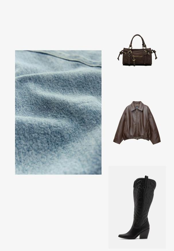 Veste courte en similicuir marron avec un large col, une fermeture éclair frontale, des poches latérales et une taille ceinturée. Texture lisse, coupe décontractée.; Tissu en denim bleu clair avec une texture subtile et un motif de tissage visible, montrant de légères variations de couleur et de douceur.; Bottes hautes en cuir noir jusqu'aux genoux avec bout pointu et talon empilé. Caractéristiques de coutures décoratives et éléments de design courbés.; Sac à main en cuir marron foncé avec double poignée, poche avant zippée, boucles décoratives et nœuds latéraux sur fond blanc.