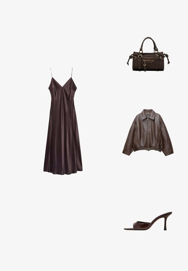 Veste courte en similicuir marron avec un large col, une fermeture éclair frontale, des poches latérales et une taille ceinturée. Texture lisse, coupe décontractée.; Robe slip en satin couleur chocolat, avec un décolleté en V, des bretelles fines et un ourlet fluide qui tombe au milieu du mollet. Texture lisse et design minimaliste.; Mule en cuir verni marron foncé, à bout ouvert, avec une large bride et un talon haut fin sur fond blanc.; Sac à main en cuir marron foncé avec double poignée, poche avant zippée, boucles décoratives et nœuds latéraux sur fond blanc.