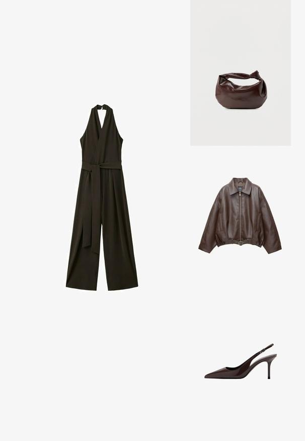 Veste courte en similicuir marron avec un large col, une fermeture éclair frontale, des poches latérales et une taille ceinturée. Texture lisse, coupe décontractée.; Combinaison noire sans manches à col licou avec pantalons larges et ceinture en tissu à la taille.; Talons slingbacks en cuir verni marron avec un bout pointu, un talon fin et une bride réglable. Texture lisse et finition brillante.; Sac bandoulière en cuir marron foncé avec une forme souple et décontractée et une anse nouée torsadée sur un fond blanc uni.