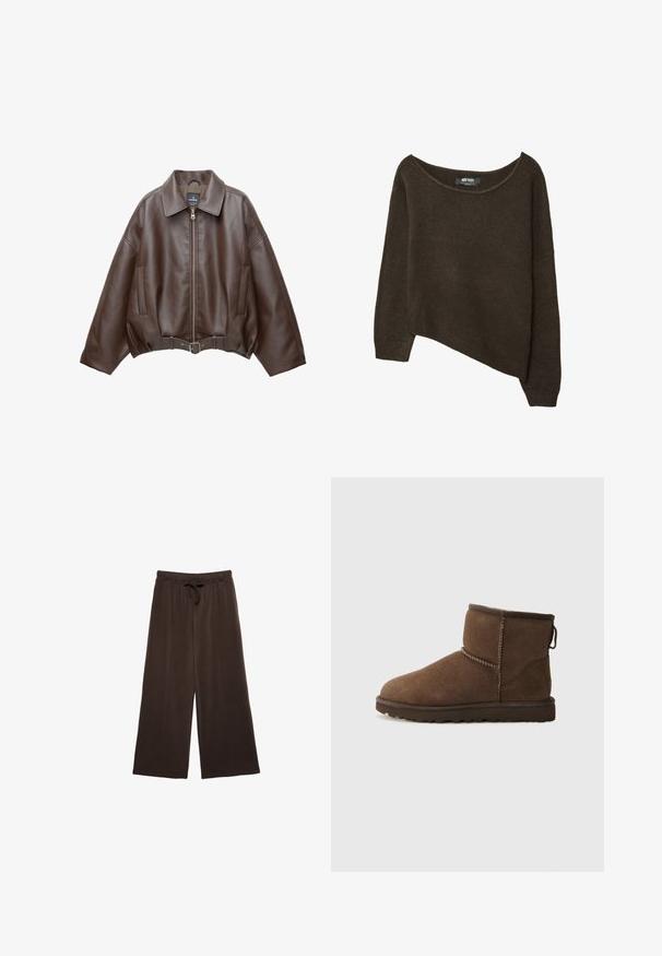 Veste courte en similicuir marron avec un large col, une fermeture éclair frontale, des poches latérales et une taille ceinturée. Texture lisse, coupe décontractée.; Pull en tricot lâche marron avec un ourlet asymétrique et un col large. Texture douce avec des poignets côtelés et une étiquette à l'intérieur du col.; Pantalons larges marron avec un waistband à cordon. Fabriqués en tissu doux, avec des coutures verticales à l'avant pour un détail supplémentaire.; UGG CLASSIC MINI II - Bottes de neige - dusted cocoa