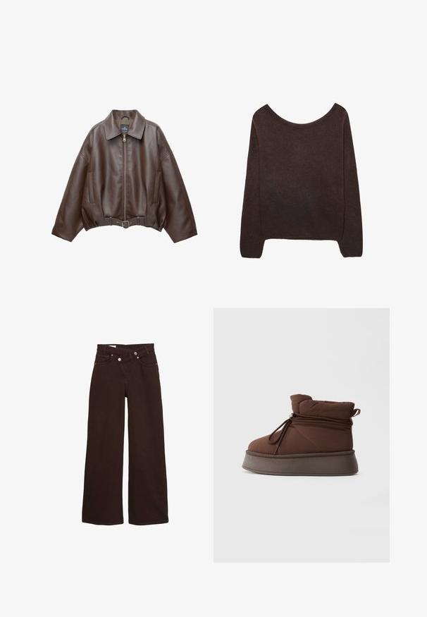 Brun kort jakke i imiteret læder med bred krave, lynlås foran, sidelommer og bælte i taljen. Glat tekstur, afslappet pasform.; Brun strikket sweater med off-shoulder halsudskæring, lange ærmer og ribbede manchetter. Blød tekstur med en glat overflade.; Brune vide ben jeans med høj talje, front lynlås og knaplukning, der har for- og baglommer.; Brun polstret vinterstøvle med tyk sål og snøre lukning mod en ensfarvet lys baggrund.