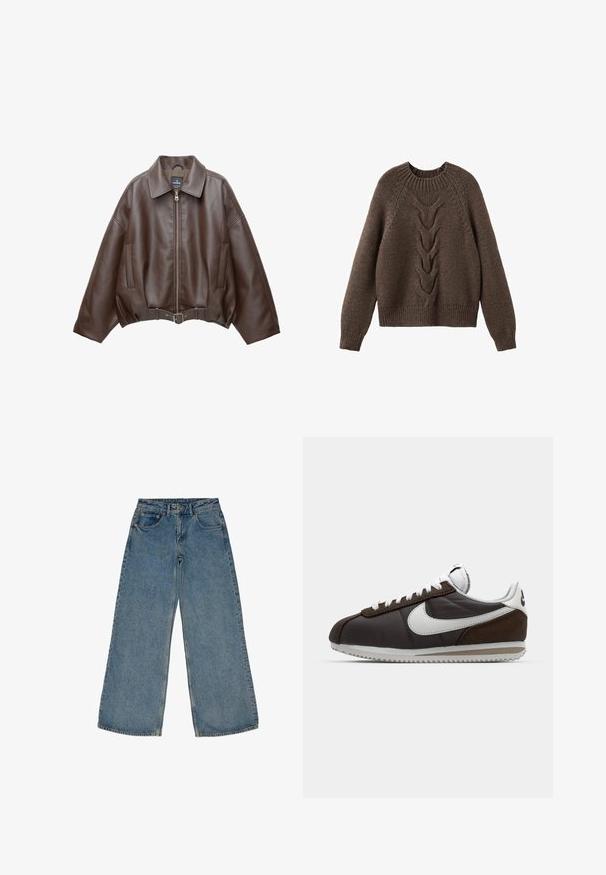 Brun kort jakke i imiteret læder med bred krave, lynlås foran, sidelommer og bælte i taljen. Glat tekstur, afslappet pasform.; Brun strikket sweater med rund halsudskæring, lange ærmer og et kabelstrikdesign, der løber ned langs fronten. Ribbet kant og manchetter.; Lysblå vide jeans lavet af denim, med høj talje, traditionelt fem-lomme design og rå kanter.; Brune og grå Nike sneakers med hvide accenter; læder- og ruskindsmaterialer; teksturerede såler; grå snørebånd; klassisk retrodesign.