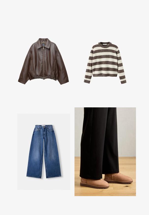 Brun kort jakke i imiteret læder med bred krave, lynlås foran, sidelommer og bælte i taljen. Glat tekstur, afslappet pasform.; Stripet pullover sweater i creme og mørkebrun. Ribstrikket rund hals, lange ærmer og en kortet kant. Blød tekstur med en afslappet pasform.; Bredbenet blå denimjeans med forlommer, bæltestropper og knaplukning, lagt fladt på en lys baggrund.; Brune ruskinds ankelstøvler med flad gummisål, rund tå og minimal syning, båret med sorte brede bukser på et trægulv.