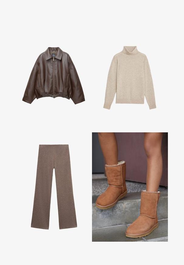 Brun kort jakke i imiteret læder med bred krave, lynlås foran, sidelommer og bælte i taljen. Glat tekstur, afslappet pasform.; Beige rullekrave sweater lavet af blødt stof, med ribbestrikket krave og manchetter, i en afslappet pasform og uden synlige mønstre.; Brune brede bukser lavet af blødt, tekstureret stof. Designet har en høj talje og en løs pasform, perfekt til afslappet brug.; Brune ruskind ankelstøvler med rund tå, blødt foer og gummisål, der har synlige stikninger langs sømmene.