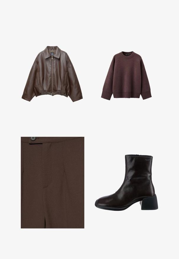 Brun kort jakke i imiteret læder med bred krave, lynlås foran, sidelommer og bælte i taljen. Glat tekstur, afslappet pasform.; Løs pasform sweater i mørk bordeaux, lavet af blødt strikket stof. Har en ribstrikket rund hals, vide ærmer og en ribstrikket kant.; Nærbillede af mørkebrune skræddersyede bukser med en knap og linning synlig øverst.; Vagabond ANSIE - Støvletter - braun