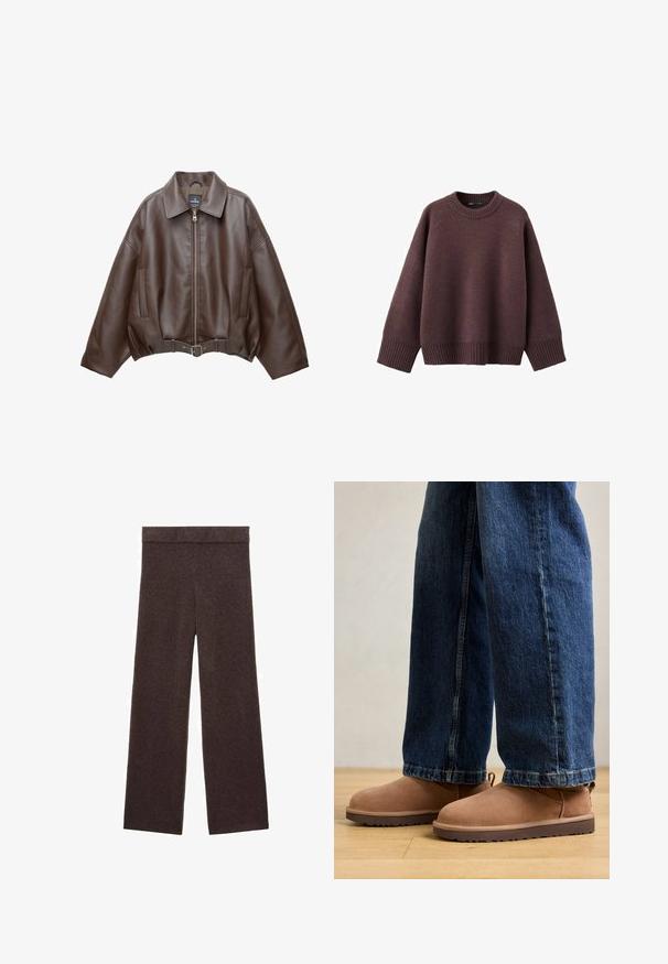 Veste courte en similicuir marron avec un large col, une fermeture éclair frontale, des poches latérales et une taille ceinturée. Texture lisse, coupe décontractée.; Pull ample de couleur bordeaux foncé, en tissu tricoté doux. Il présente un col rond côtelé, de larges manches et un ourlet côtelé.; Pantalons larges marron en tissu doux, dotés d'une ceinture élastique et sans motifs ni détails apparents.; Bottines en daim marron avec une semelle plate, un bout arrondi et une petite languette, associées à un jean en denim bleu de coupe droite.