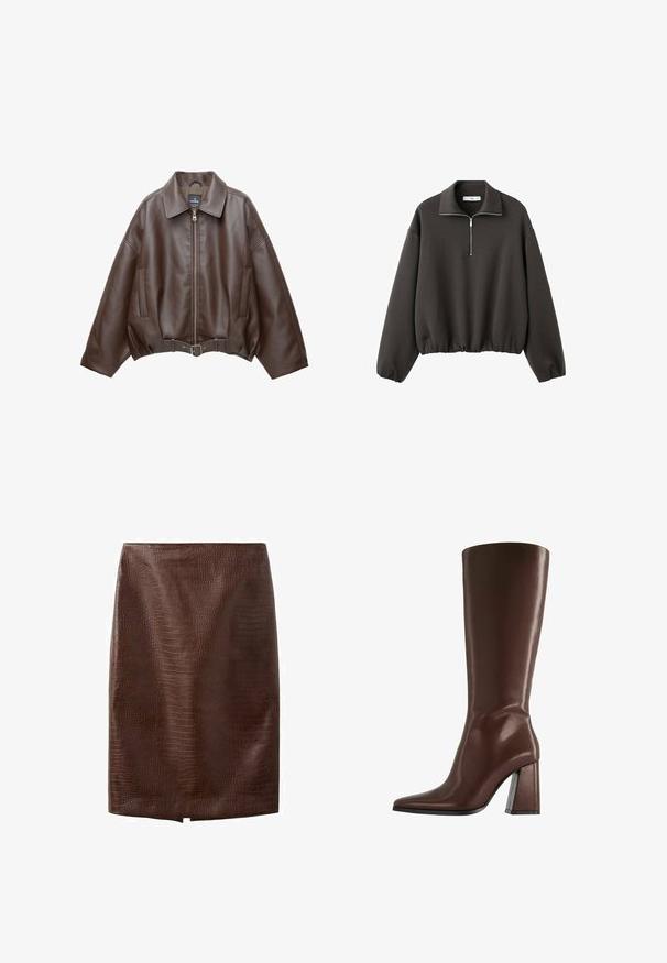 Veste courte en similicuir marron avec un large col, une fermeture éclair frontale, des poches latérales et une taille ceinturée. Texture lisse, coupe décontractée.; Sweat-shirt à col montant gris foncé, avec une courte fermeture éclair à l'avant et un ourlet élastiqué. Tissu doux avec une coupe décontractée et ample.; Jupe crayon en cuir synthétique marron foncé façon crocodile avec une petite fente avant à l'ourlet, longueur genou, sans fermetures apparentes ni ornements.; Botte en cuir marron montant jusqu'au genou, avec bout pointu et talon épais de hauteur moyenne, vue de profil sur fond blanc.