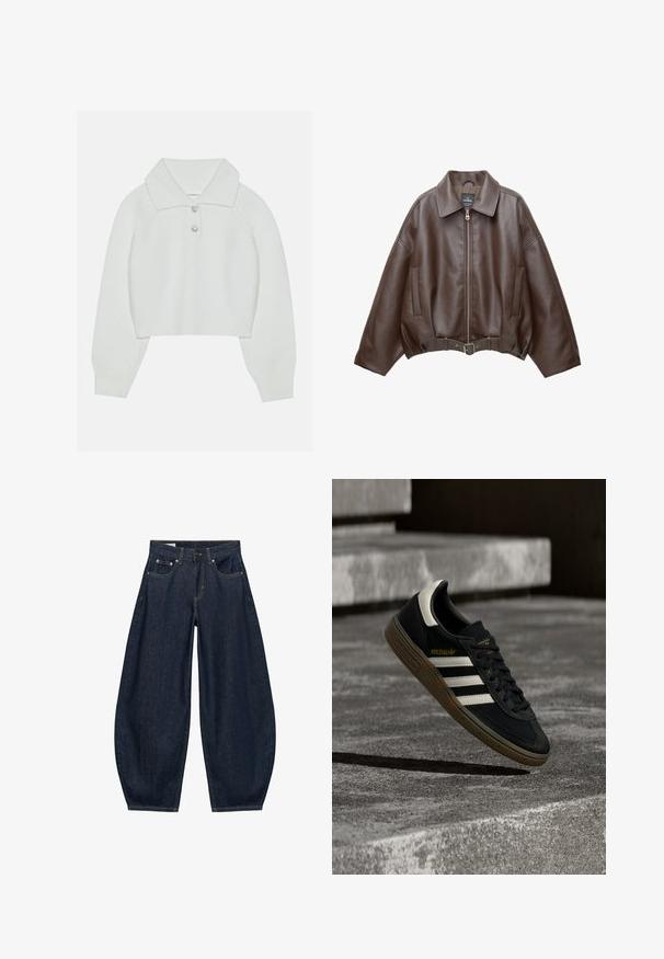 Brun kort jakke i imiteret læder med bred krave, lynlås foran, sidelommer og bælte i taljen. Glat tekstur, afslappet pasform.; Hvid cropped sweater med ribbet tekstur, stor krave og tre dekorative knapper ved halsudskæringen. Lange ærmer med ribbede manchetter.; Mørkeblå vidde jeans med frontlommer, bæltestropper og knaplukning i taljen.; Sort Adidas-sneaker med hvide striber og gummisåler, svævende over grå betontrapper i naturligt lys.
