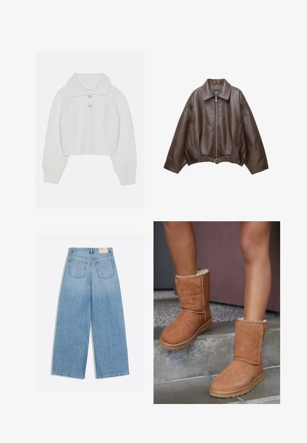 Brun kort jakke i imiteret læder med bred krave, lynlås foran, sidelommer og bælte i taljen. Glat tekstur, afslappet pasform.; Hvid cropped sweater med ribbet tekstur, stor krave og tre dekorative knapper ved halsudskæringen. Lange ærmer med ribbede manchetter.; Lyseblå vidbenede jeans med to baglommer og et lille beige mærke på linningen.; Brune ruskind ankelstøvler med rund tå, blødt foer og gummisål, der har synlige stikninger langs sømmene.